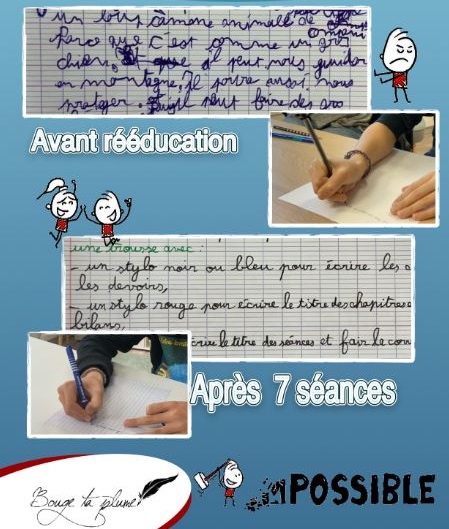 Avant après, écriture brouillonne et anguleuse, puis écriture lisible