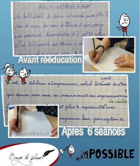 Avant après, écriture brouillonne et anguleuse, puis écriture lisible
